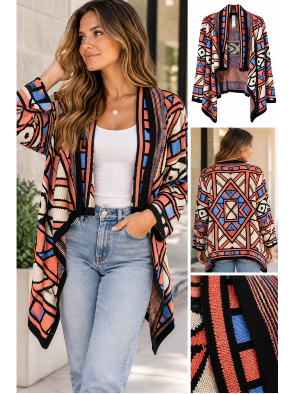 Bryn Walker Harper Geometric Open Front Waterfall Cardigan Sweater Women's S